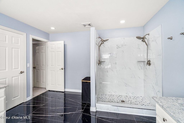 740 N Dundee Dr, Post Falls, ID 83854 - bathroom with vanity, a marble finish shower, recessed lighting, and granite floors