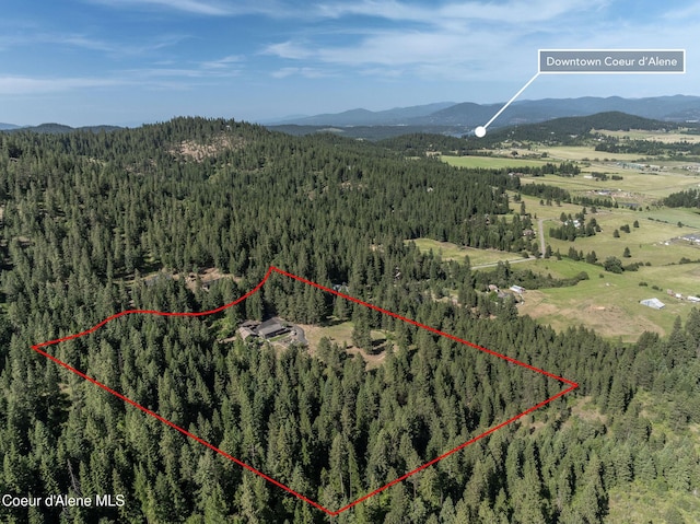 8718 W Sausser Dr, Coeur Dalene, ID 83814 - aerial view of property and surrounding area with a heavily wooded area and property parcel outlined