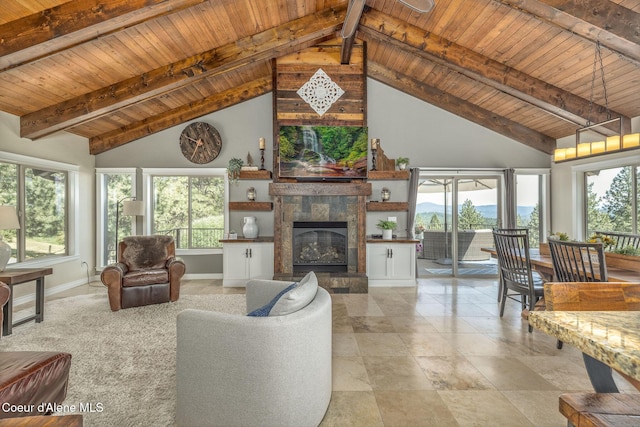 8718 W Sausser Dr, Coeur Dalene, ID 83814 - living room featuring a wooden ceiling with exposed beams, high vaulted ceiling, and a tile fireplace