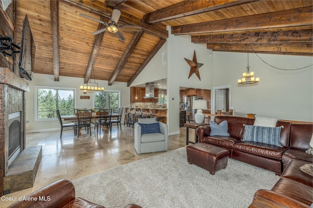8718 W Sausser Dr, Coeur Dalene, ID 83814 - living room featuring a chandelier, a wooden ceiling with exposed beams, a ceiling fan, a fireplace with raised hearth, and high vaulted ceiling
