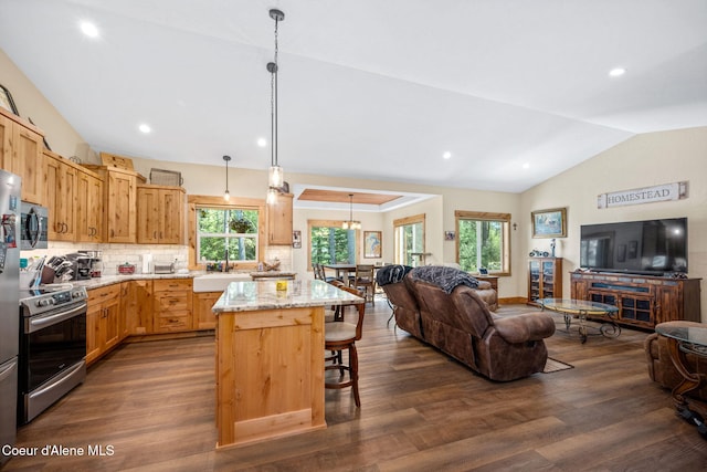 80 Parkland Dr, Blanchard, ID 83804 - kitchen with appliances with stainless steel finishes, open floor plan, dark wood finished floors, vaulted ceiling, and a kitchen bar