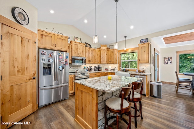 80 Parkland Dr, Blanchard, ID 83804 - kitchen featuring stainless steel appliances, dark wood finished floors, a center island, backsplash, and light stone counters