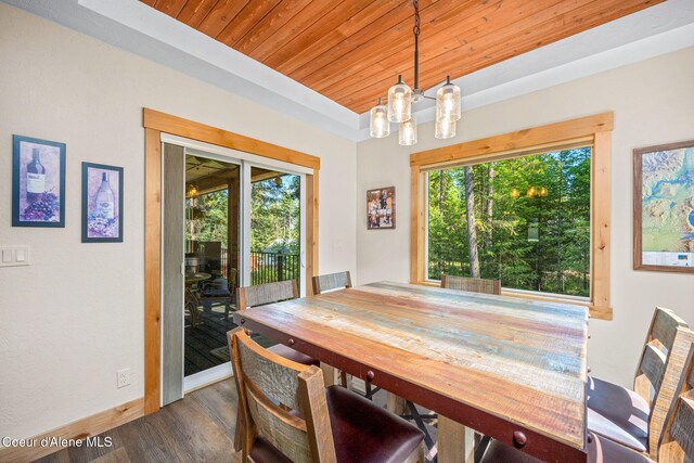 80 Parkland Dr, Blanchard, ID 83804 - dining area featuring plenty of natural light, wood finished floors, wood ceiling, a chandelier, and a raised ceiling
