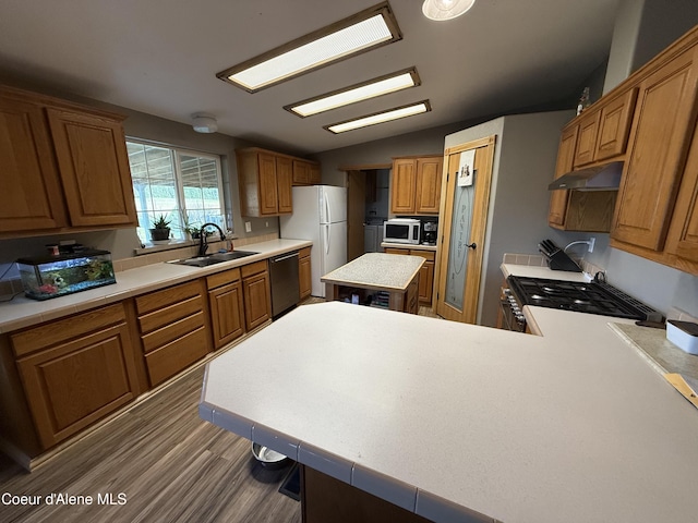 3135 Paradise Valley Rd, Bonners Ferry, ID 83805 - kitchen featuring dishwasher, freestanding refrigerator, under cabinet range hood, gas range oven, and light countertops
