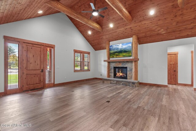 357 Odonnell Dr, Dover, ID 83825 - unfurnished living room featuring high vaulted ceiling, light wood-style flooring, ceiling fan, a stone fireplace, and recessed lighting
