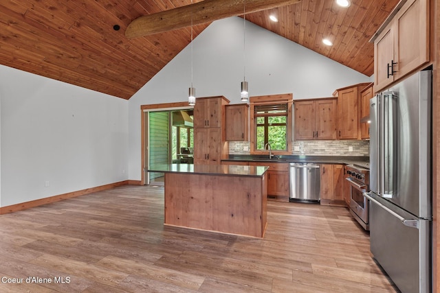 357 Odonnell Dr, Dover, ID 83825 - kitchen with high end appliances, dark countertops, high vaulted ceiling, a kitchen island, and a wooden ceiling with exposed beams