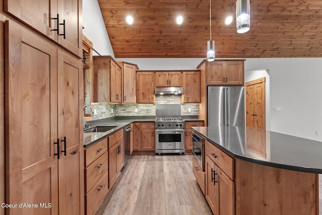 357 Odonnell Dr, Dover, ID 83825 - kitchen featuring premium appliances, dark countertops, vaulted ceiling, backsplash, and light wood-style flooring