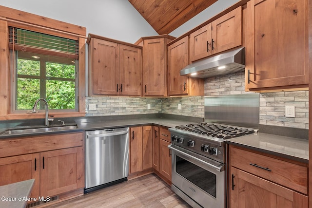 357 Odonnell Dr, Dover, ID 83825 - kitchen with stainless steel appliances, under cabinet range hood, vaulted ceiling, dark countertops, and light wood-type flooring