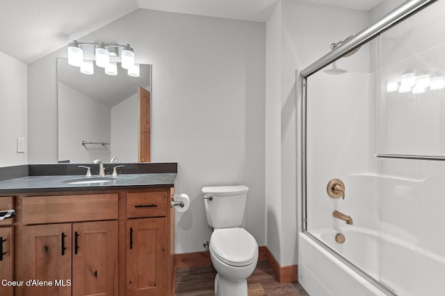 357 Odonnell Dr, Dover, ID 83825 - bathroom with wood finished floors, vanity, enclosed tub / shower combo, and lofted ceiling