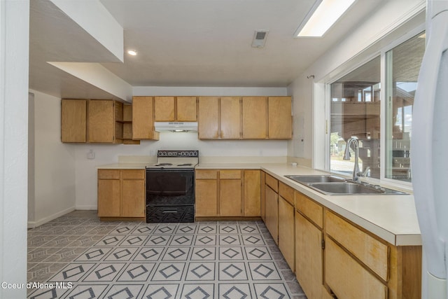 6300 N Sunrise Ter, Coeur Dalene, ID 83815 - kitchen featuring electric stove, under cabinet range hood, light countertops, recessed lighting, and open shelves