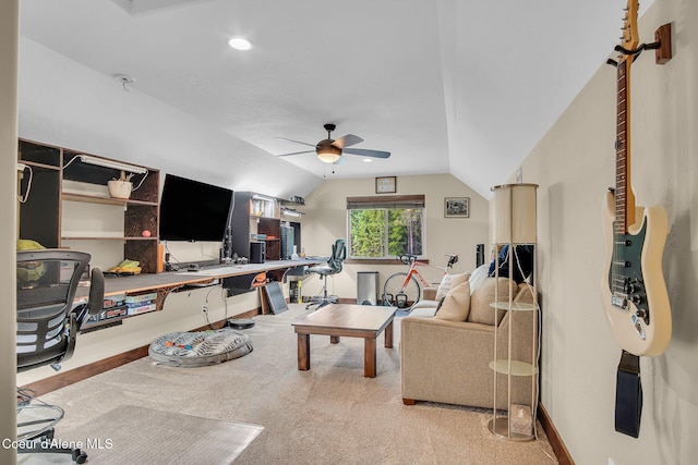 20770 N Penobscot Rd, Rathdrum, ID 83858 - living room with a ceiling fan, a desk, vaulted ceiling, and recessed lighting