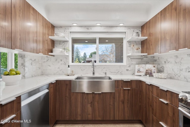 1217 E Montana Ave, Coeur Dalene, ID 83814 - kitchen featuring modern cabinets, stainless steel dishwasher, open shelves, and tasteful backsplash