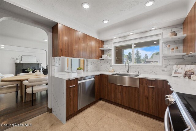1217 E Montana Ave, Coeur Dalene, ID 83814 - kitchen with stainless steel dishwasher, open shelves, modern cabinets, decorative backsplash, and recessed lighting
