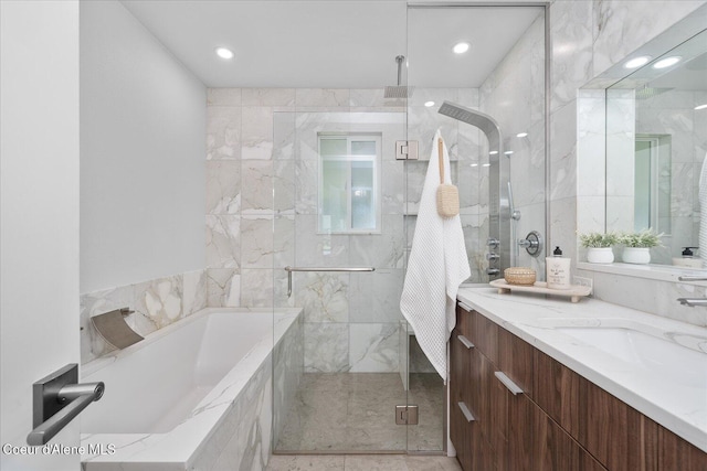 1217 E Montana Ave, Coeur Dalene, ID 83814 - bathroom with vanity, a bath, a shower stall, and recessed lighting