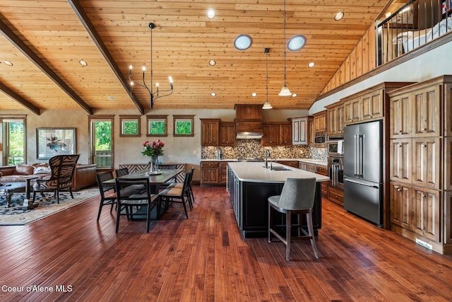 11 Canoe Cv, Dover, ID 83825 - kitchen with appliances with stainless steel finishes, wooden ceiling, open floor plan, an island with sink, and dark wood-style flooring