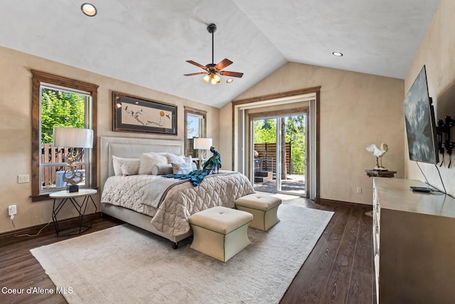 11 Canoe Cv, Dover, ID 83825 - bedroom featuring access to outside, dark wood finished floors, lofted ceiling, multiple windows, and a ceiling fan