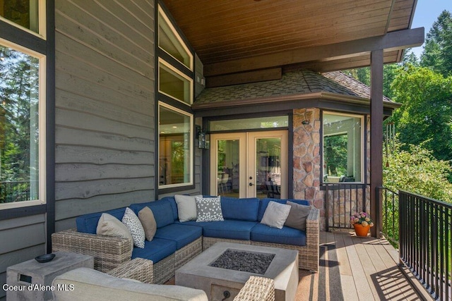 3742 W Cielo View Ct, Coeur Dalene, ID 83814 - wooden deck with french doors and an outdoor living space with a fire pit
