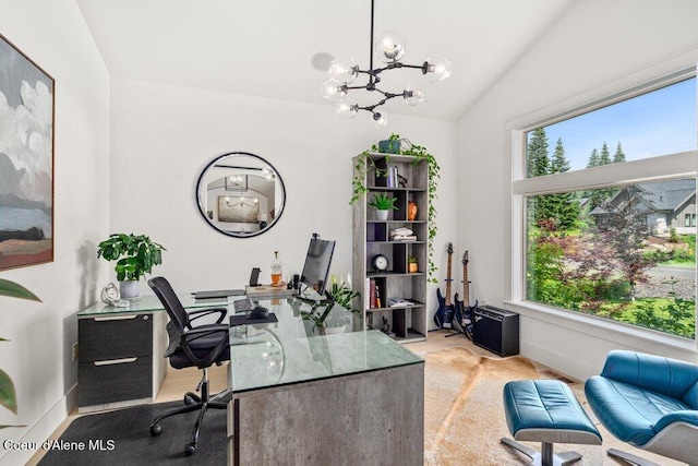 3742 W Cielo View Ct, Coeur Dalene, ID 83814 - carpeted home office featuring plenty of natural light, a chandelier, and vaulted ceiling