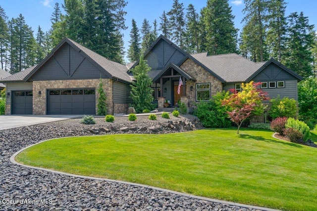 3742 W Cielo View Ct, Coeur Dalene, ID 83814 - craftsman-style home featuring stone siding, a garage, concrete driveway, and a front yard