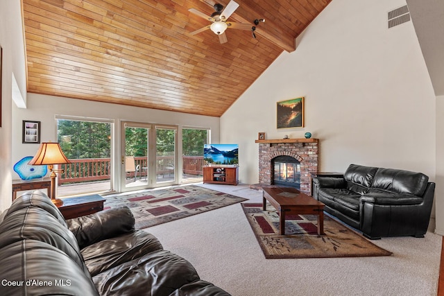 7722 W Clemetson Rd, Coeur Dalene, ID 83814 - living room featuring a wooden ceiling with exposed beams, carpet, ceiling fan, high vaulted ceiling, and a brick fireplace