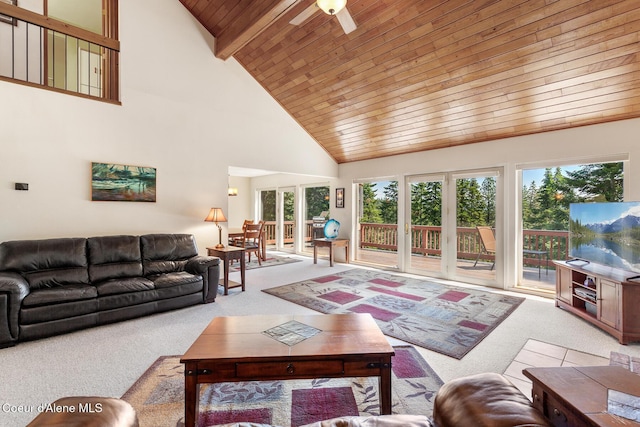 7722 W Clemetson Rd, Coeur Dalene, ID 83814 - carpeted living area with a wood ceiling with exposed beams, plenty of natural light, high vaulted ceiling, and a ceiling fan