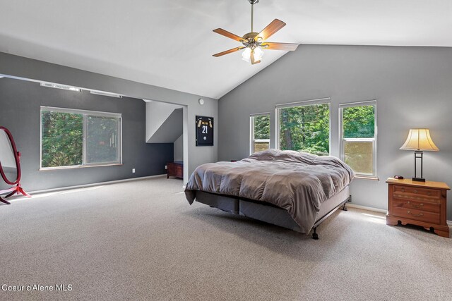 7722 W Clemetson Rd, Coeur Dalene, ID 83814 - bedroom with carpet flooring, high vaulted ceiling, and a ceiling fan