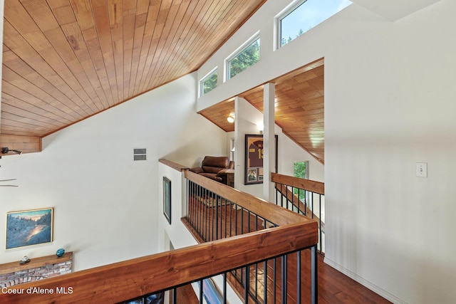 7722 W Clemetson Rd, Coeur Dalene, ID 83814 - staircase with wood ceiling, high vaulted ceiling, and wood finished floors
