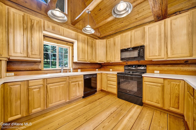 4900 E Hudlow Rd, Hayden, ID 83835 - kitchen featuring black appliances, light brown cabinets, light countertops, light wood-type flooring, and wood ceiling