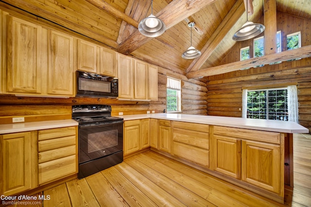 4900 E Hudlow Rd, Hayden, ID 83835 - kitchen featuring black appliances, a peninsula, rustic walls, light brown cabinets, and light countertops