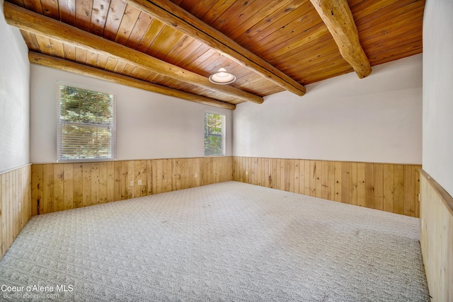 4900 E Hudlow Rd, Hayden, ID 83835 - carpeted spare room featuring a wainscoted wall, wood walls, and a wood ceiling with exposed beams