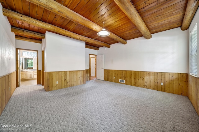 4900 E Hudlow Rd, Hayden, ID 83835 - empty room featuring wainscoting, a wood ceiling with exposed beams, carpet floors, and wood walls