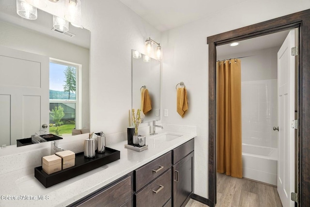 8 Potlatch Loop, Priest River, ID 83856 - bathroom featuring wood finished floors, double vanity, and shower / bath combo