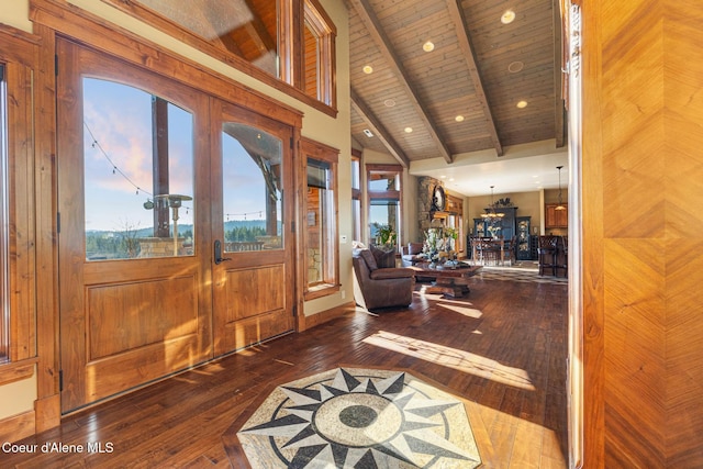 5841 W Clemetson Rd, Coeur Dalene, ID 83814 - entryway featuring hardwood / wood-style flooring, french doors, a wood ceiling with exposed beams, high vaulted ceiling, and recessed lighting