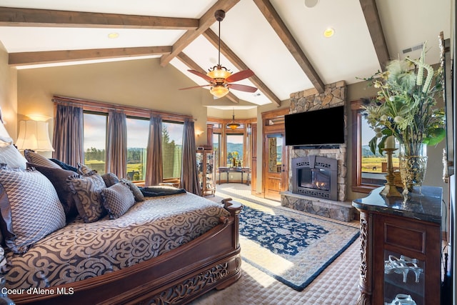 5841 W Clemetson Rd, Coeur Dalene, ID 83814 - bedroom with access to outside, beam ceiling, a stone fireplace, and high vaulted ceiling