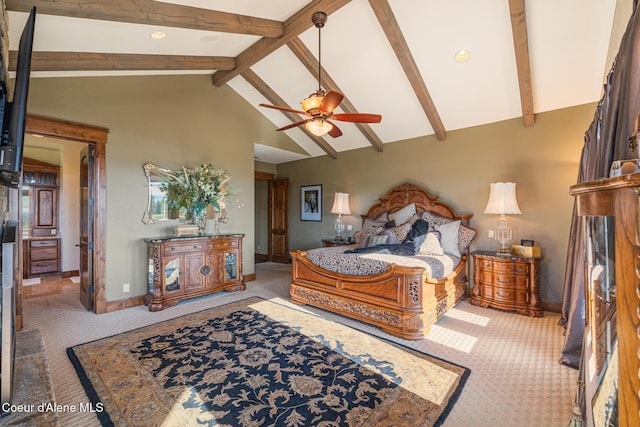 5841 W Clemetson Rd, Coeur Dalene, ID 83814 - bedroom with carpet floors, beam ceiling, high vaulted ceiling, and recessed lighting