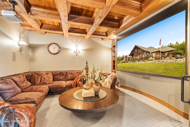 5841 W Clemetson Rd, Coeur Dalene, ID 83814 - carpeted living area featuring a wood ceiling with exposed beams and coffered ceiling