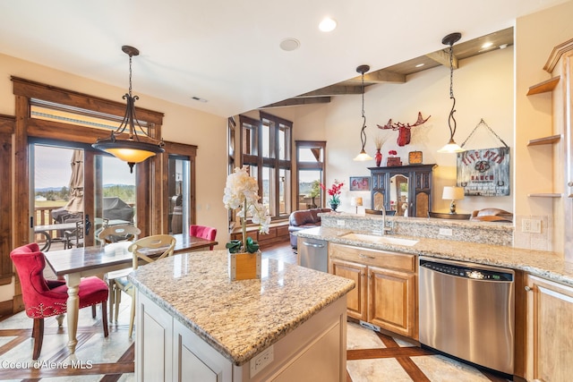 5841 W Clemetson Rd, Coeur Dalene, ID 83814 - kitchen featuring dishwasher, inlaid floor details, light stone counters, a peninsula, and hanging light fixtures