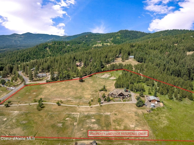 5841 W Clemetson Rd, Coeur Dalene, ID 83814 - aerial view of property and surrounding area featuring a mountainous background and property parcel outlined