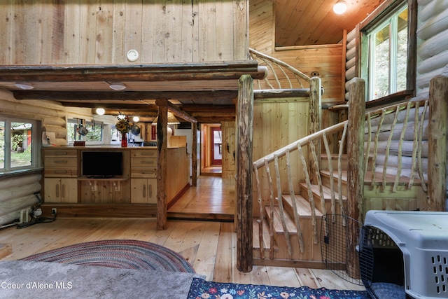 1283 N Wrenco Rd, Sandpoint, ID 83864 - bar with log walls, hardwood / wood-style floors, and wood ceiling
