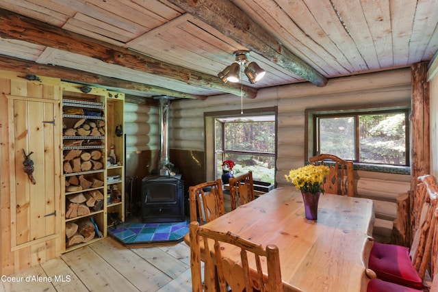 1283 N Wrenco Rd, Sandpoint, ID 83864 - dining room with log walls, wooden ceiling, a wood stove, and wood-type flooring