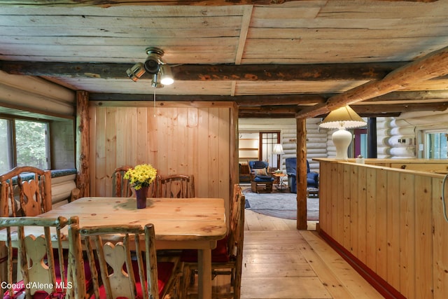 1283 N Wrenco Rd, Sandpoint, ID 83864 - dining space with log walls, wood ceiling, and light wood finished floors