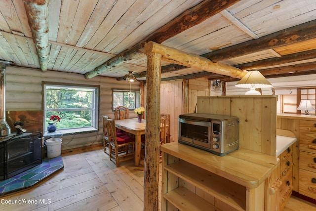 1283 N Wrenco Rd, Sandpoint, ID 83864 - kitchen featuring a wood stove, light wood-type flooring, a wood ceiling with exposed beams, log walls, and wooden counters