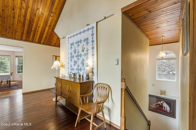 7605 W Sanders Rd, Coeur Dalene, ID 83814 - sitting room with wood ceiling, an upstairs landing, hardwood / wood-style flooring, and lofted ceiling