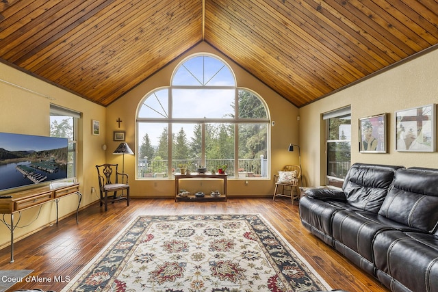 7605 W Sanders Rd, Coeur Dalene, ID 83814 - living area with hardwood / wood-style floors, wood ceiling, and high vaulted ceiling