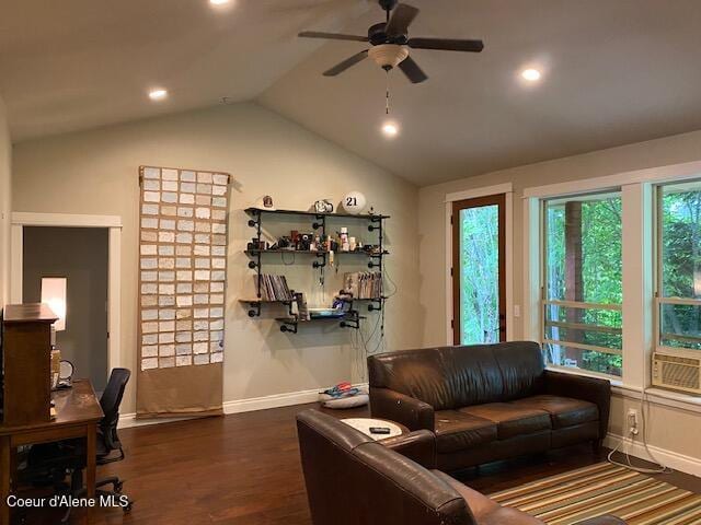 4310 Burns Ct, Sandpoint, ID 83864 - living area with a ceiling fan, lofted ceiling, dark wood-type flooring, and recessed lighting