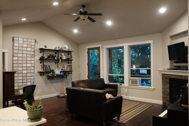 4310 Burns Ct, Sandpoint, ID 83864 - living room with a stone fireplace, ceiling fan, wood finished floors, lofted ceiling, and recessed lighting