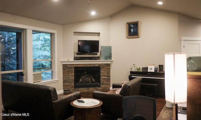 4310 Burns Ct, Sandpoint, ID 83864 - living room featuring wood finished floors, vaulted ceiling, recessed lighting, and a fireplace