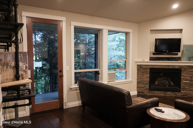4310 Burns Ct, Sandpoint, ID 83864 - living area featuring hardwood / wood-style flooring, a fireplace, recessed lighting, and lofted ceiling