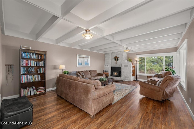 3772 S Schilling Loop, Post Falls, ID 83854 - living room featuring wood finished floors, a brick fireplace, beam ceiling, and coffered ceiling