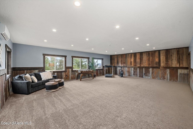 3772 S Schilling Loop, Post Falls, ID 83854 - living room featuring wooden walls, carpet floors, recessed lighting, a wainscoted wall, and a wall mounted air conditioner